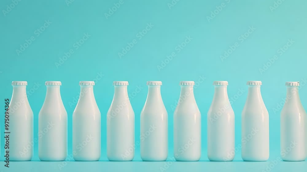 A collection of white milk bottles arranged in a row against a soft turquoise background. A collection of white milk bottles arranged in a row against a soft turquoise background.