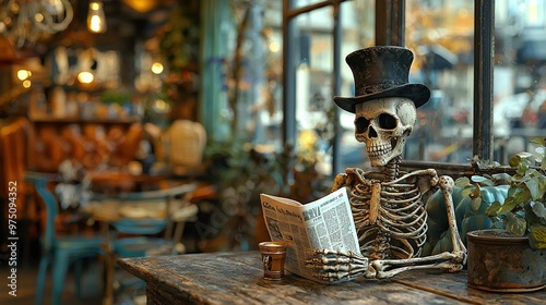   A man wearing a skeleton costume, top hat, and holding a newspaper sits in front of a window with potted plants
