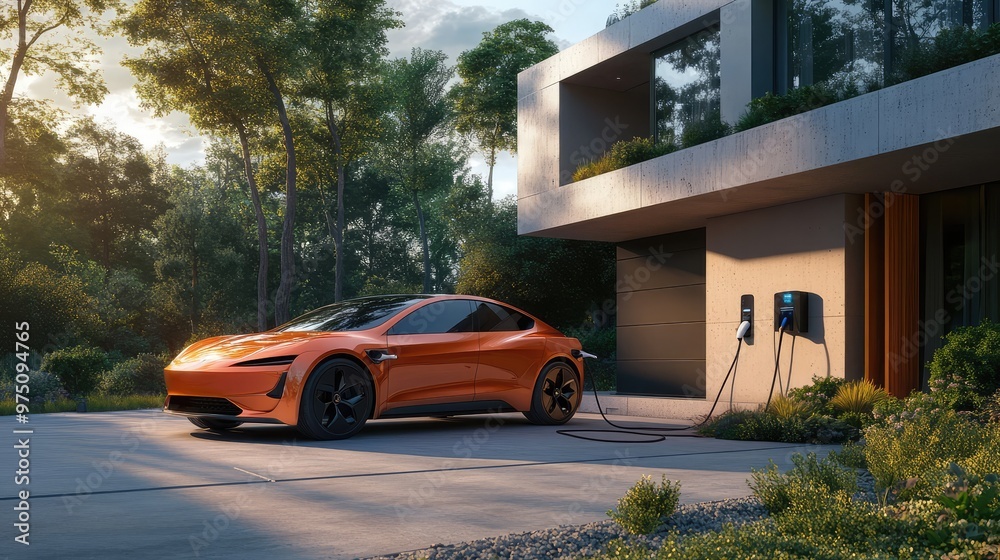 EV Charging at Modern Home. AI generated illustration EV Charging at Modern Home. AI generated illustration