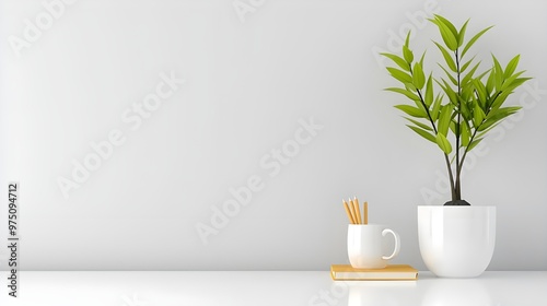 Isolated white teacup with saucer on table, fresh green plant in a vase beside it