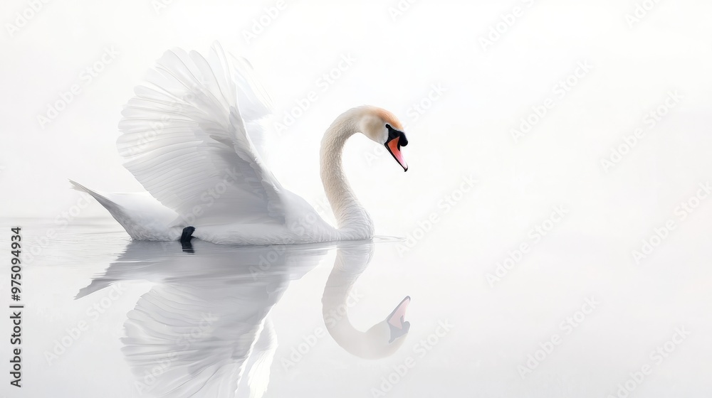 Graceful White Swan with Spread Wings on Calm Water Surface Graceful White Swan with Spread Wings on Calm Water Surface