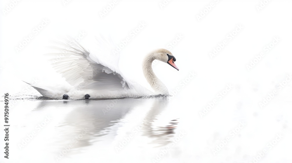 Fototapeta premium White Swan with Wings Spread in Calm Water