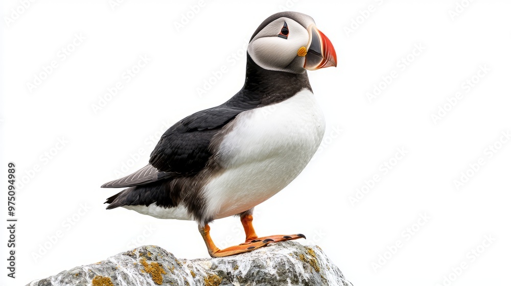 Naklejka premium Atlantic Puffin Bird Standing on Rock Isolated on White Background