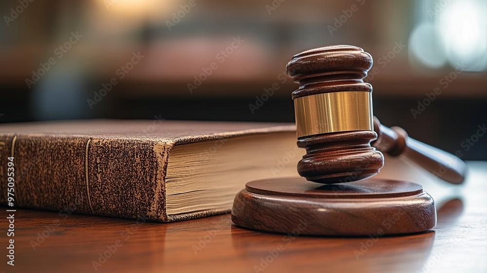 A gavel rests on a wooden table beside a law book, symbolizing justice and legal proceedings. A gavel rests on a wooden table beside a law book, symbolizing justice and legal proceedings.