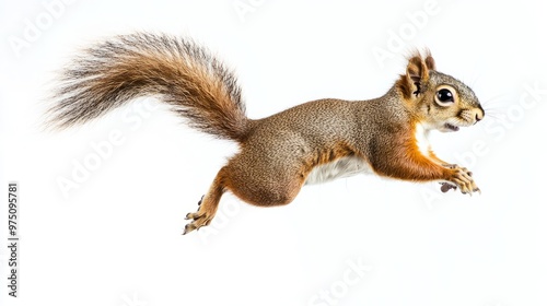 Red Squirrel Leaping in Mid Air Isolated on White Background photo