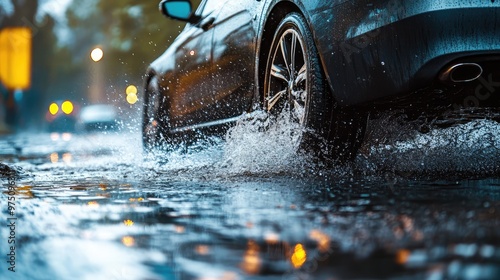 Car Splashing Through Puddle. AI generated illustration photo