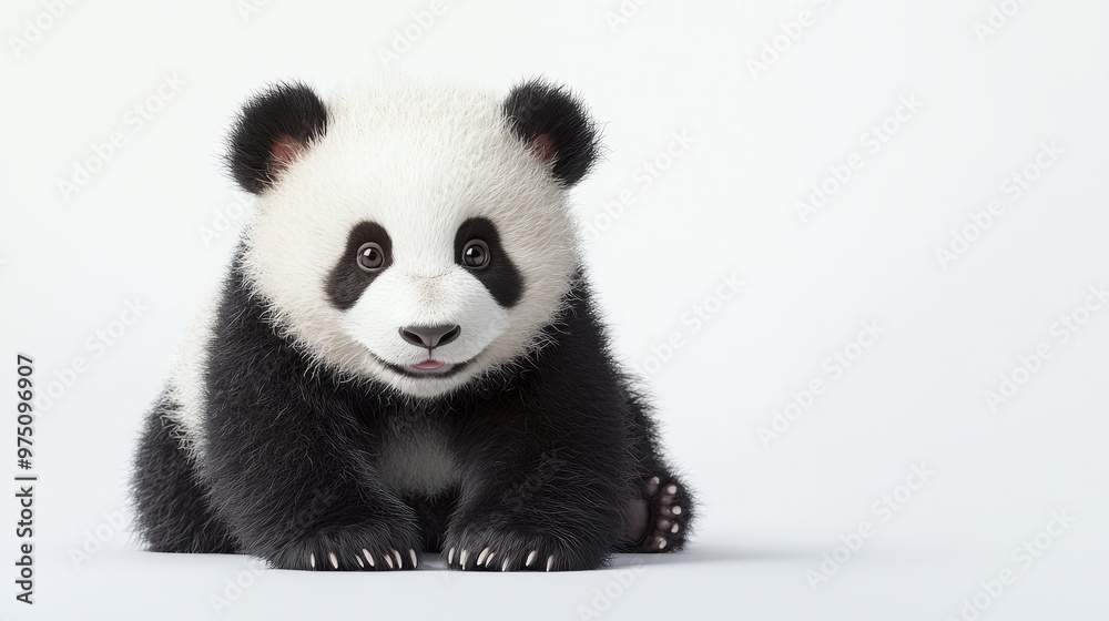 Obraz premium Adorable Panda Cub Sitting on White Background
