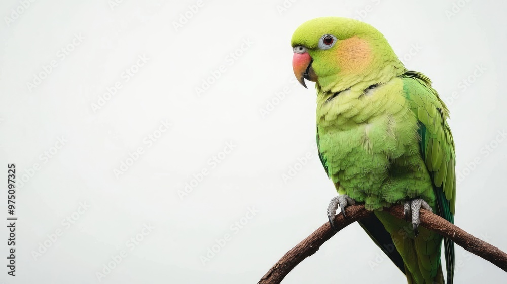 Fototapeta premium Green Parrot Perched on Branch with White Background