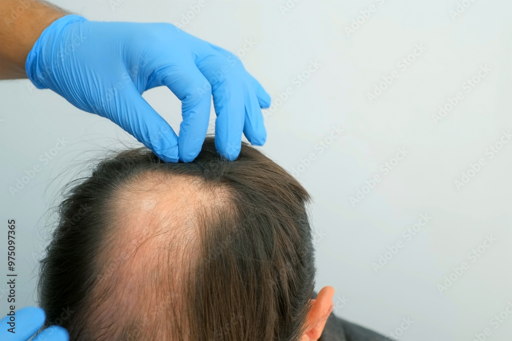 Naklejka premium Doctor hands in gloves touching bald part of skin on man patient head. Preparing to hair transplant in clinic. Problem of baldness of men in middle age, treatment of alopecia by hair transplantation.