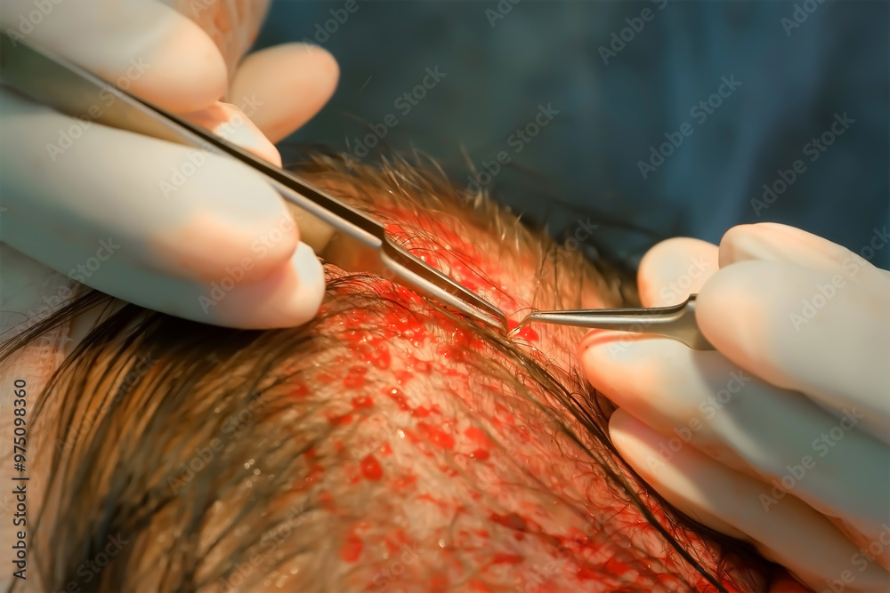 Surgeon transplants hair grafts to head scalp uses tweezers on surgery in clinic. Problem of baldness, treatment of alopecia by hair transplantation in hospital. Operation, cure, hair transplant. Surgeon transplants hair grafts to head scalp uses tweezers on surgery in clinic. Problem of baldness, treatment of alopecia by hair transplantation in hospital. Operation, cure, hair transplant.