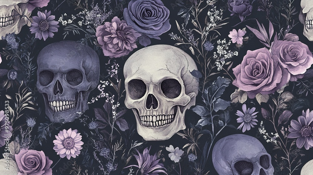 A Dark and Floral Pattern Featuring Human Skulls and Flowers A Dark and Floral Pattern Featuring Human Skulls and Flowers