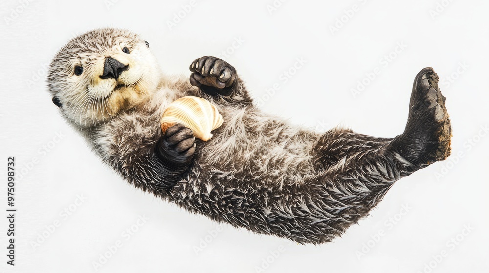 Obraz premium Cute Sea Otter Holding a Shell on White Background