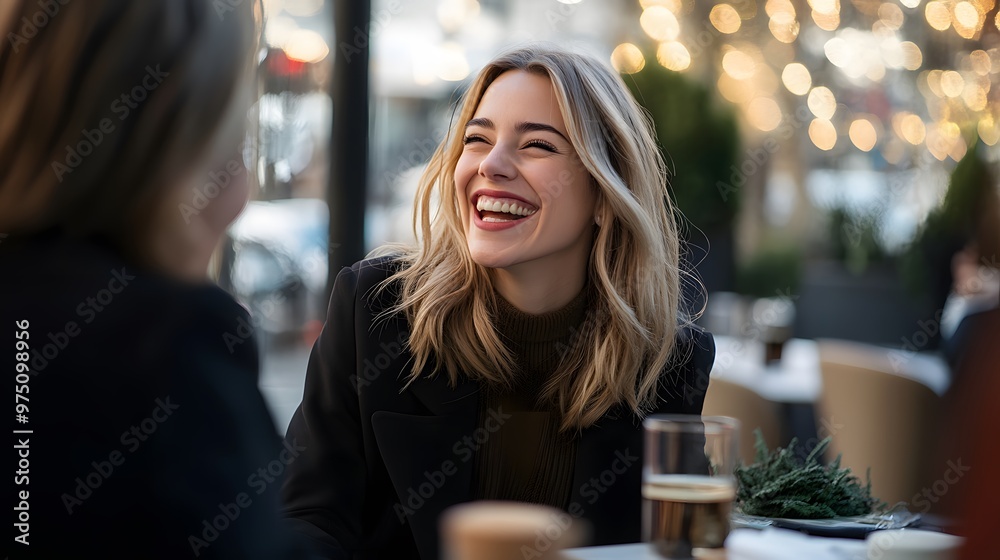 A Blonde Woman Laughing with a Friend at a Cafe Table A Blonde Woman Laughing with a Friend at a Cafe Table