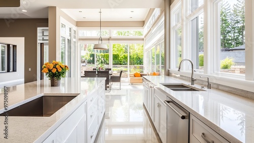 A modern kitchen with white cabinets  quartz countertops  and stainless steel appliances. The kitchen has a large window overlooking a patio with a table and chairs. There are flowers on the counter.