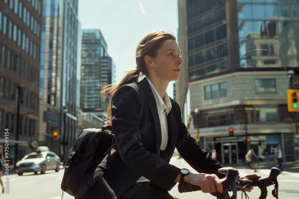 A young professional cyclist navigates a bustling city street, surrounded by tall buildings and bathed in warm daylight. A young professional cyclist navigates a bustling city street, surrounded by tall buildings and bathed in warm daylight.