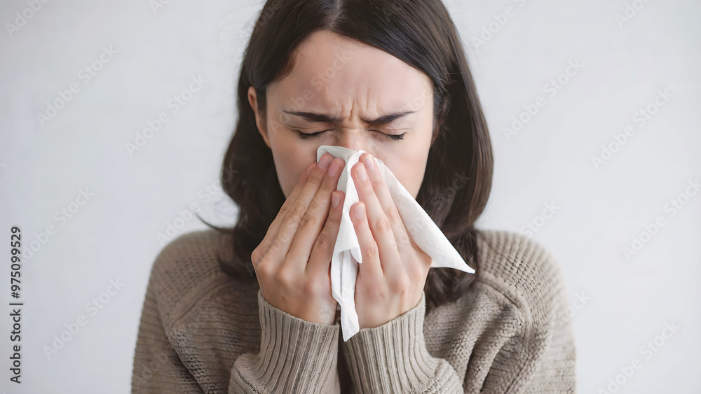 Woman with Dark Hair Sneezing into Tissue, Wearing a Beige Sweater, Showing Symptoms of Cold or Allergies Woman with Dark Hair Sneezing into Tissue, Wearing a Beige Sweater, Showing Symptoms of Cold or Allergies