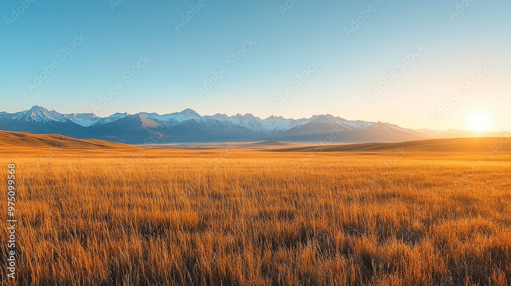 A serene landscape featuring golden grasslands and majestic mountains under a clear sky at sunrise. A serene landscape featuring golden grasslands and majestic mountains under a clear sky at sunrise.