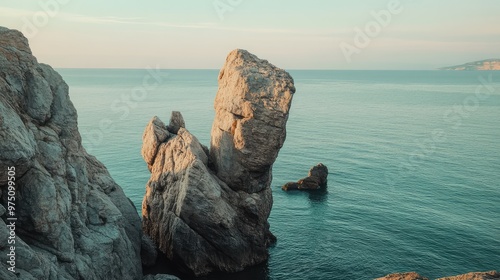 Rock Formations by Tranquil Sea. AI generated illustration photo