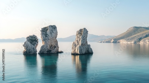 Rock Formations by Tranquil Sea. AI generated illustration photo