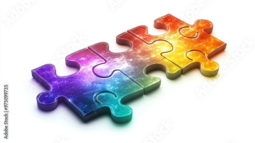  Close-up of a puzzle piece featuring the colors of the rainbow, set against a white background