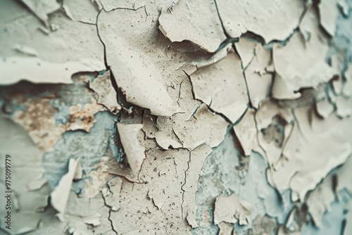 Detailed shot of peeling paint on a wall, revealing layers and textures in a display of weathered decay.