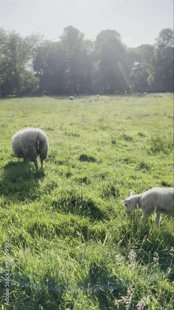 A group of serene sheep peacefully grazing on the beautifully vibrant green pasture A group of serene sheep peacefully grazing on the beautifully vibrant green pasture