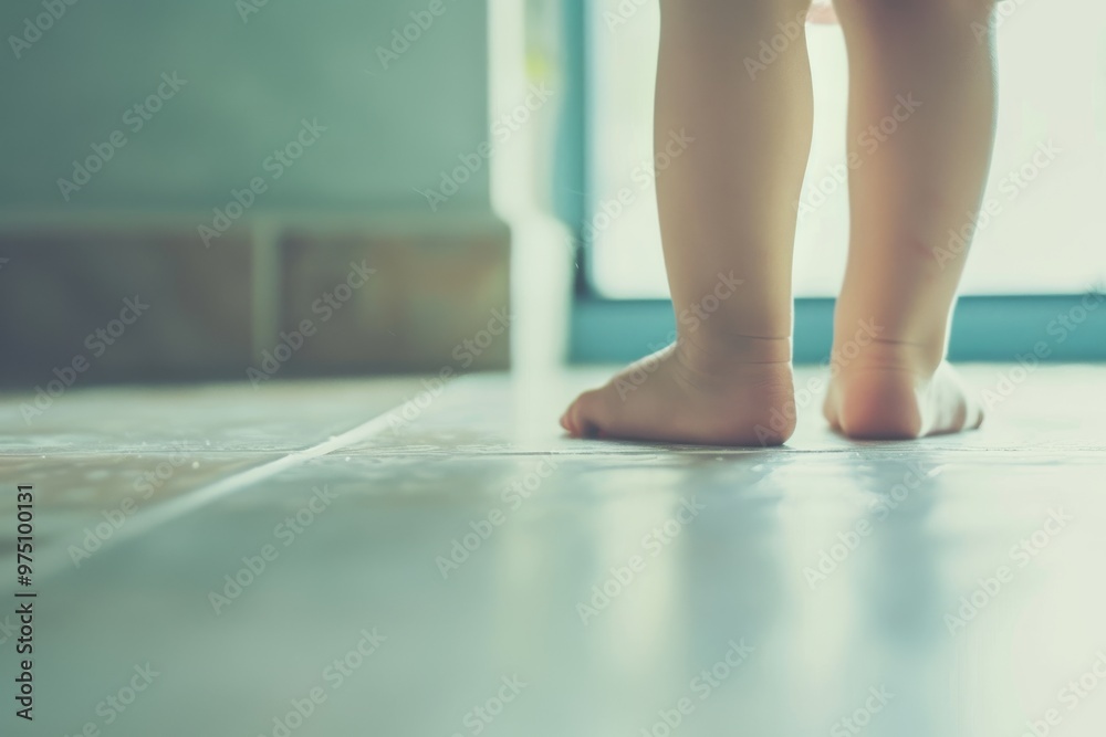 Small child’s feet standing on a glossy floor, bathed in soft, diffused light, evoking a sense of innocence and new beginnings. Small child’s feet standing on a glossy floor, bathed in soft, diffused light, evoking a sense of innocence and new beginnings.
