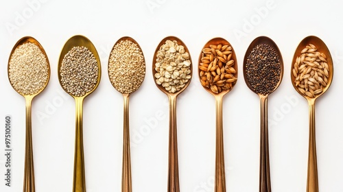 Grains on Brass Spoon. AI generated illustration photo