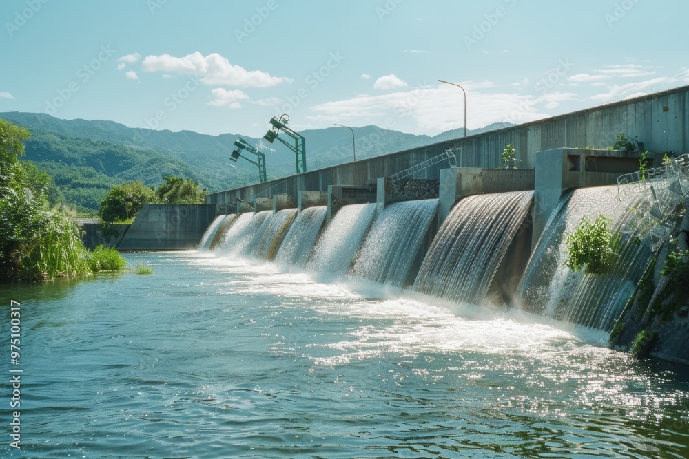 A concrete dam overflowing with cascading water, set against a backdrop of mountains and a clear sky, representing human engineering and nature’s beauty. A concrete dam overflowing with cascading water, set against a backdrop of mountains and a clear sky, representing human engineering and nature’s beauty.