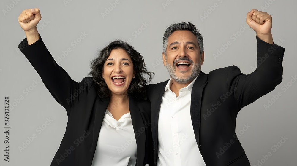 Excited business couple celebrating success with raised fists Excited business couple celebrating success with raised fists