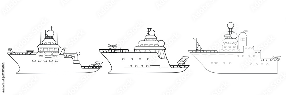 Group of three black white isolated research vessels. Each vessel poised for scientific discovery with specialized equipment on white background Group of three black white isolated research vessels. Each vessel poised for scientific discovery with specialized equipment on white background