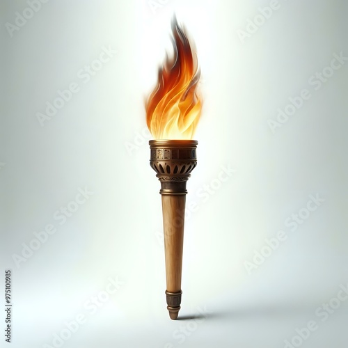 A torch burning brightly against a white background, with vibrant flames  photo