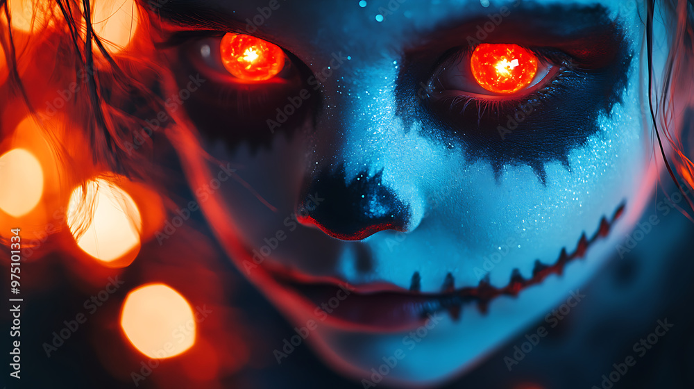 Halloween Child with Glow-in-the-Dark Face Paint and Spooky Lights