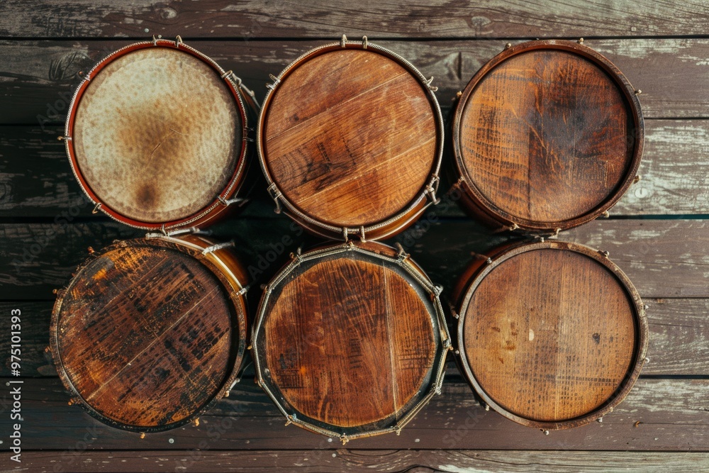 A top-down view of six rustic drums arranged neatly on a wooden floor, showcasing their weathered surfaces and varied textures. A top-down view of six rustic drums arranged neatly on a wooden floor, showcasing their weathered surfaces and varied textures.