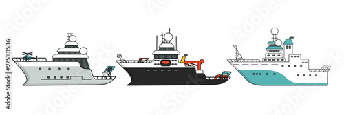 Set of hand drawn isolated research vessels for sea exploration, expedition ship with helicopter. Each vessel poised for scientific discovery with specialized equipment