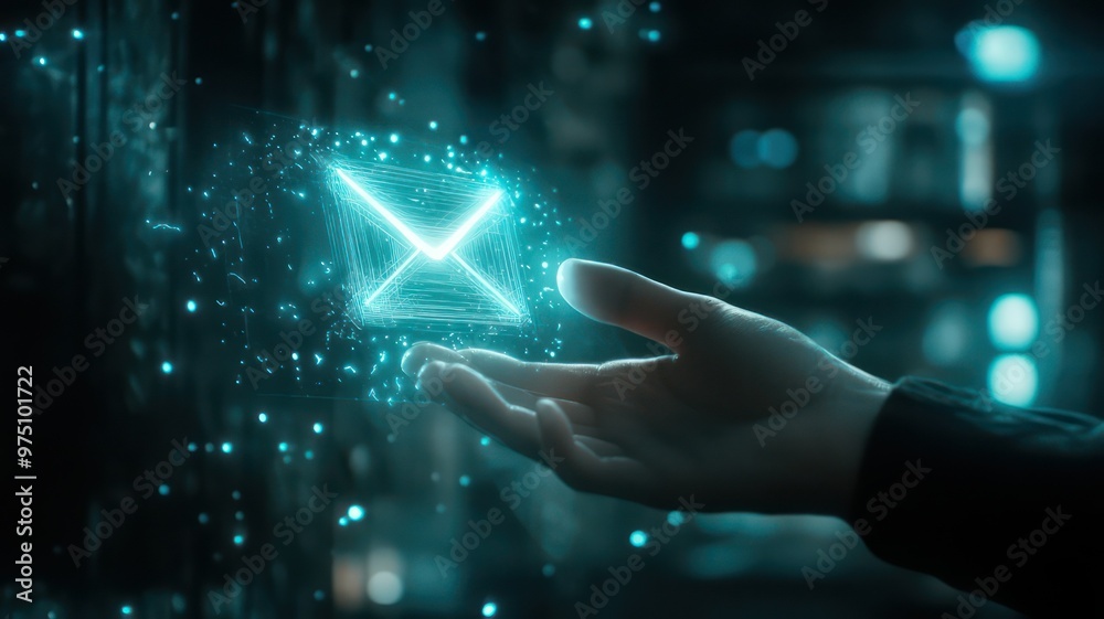 Fototapeta premium Male hand touching a white glowing letter icon on a screen created with Generative AI