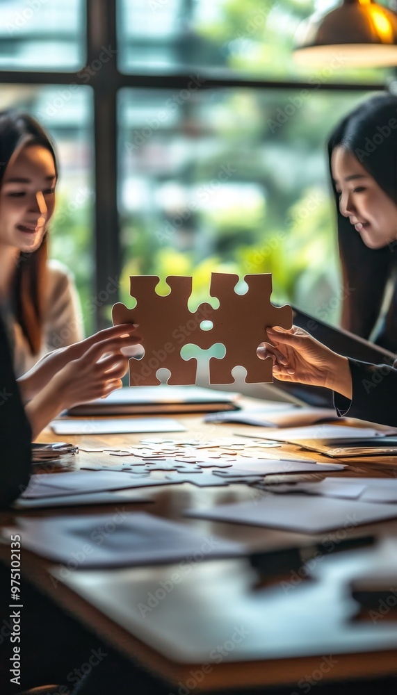 Fototapeta premium Collaborative business team meeting concept featuring a jigsaw puzzle symbolizing unity