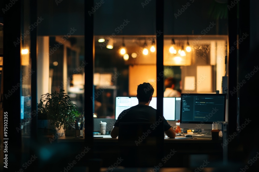 Men working late in an office with a blurred background, capturing a nighttime atmosphere Men working late in an office with a blurred background, capturing a nighttime atmosphere