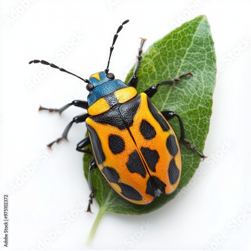 harlequin bug rests gracefully on a leaf, displaying its vivid orange and black patterns. This close-up reveals the intricate details of its mesmerizing wings and body. photo