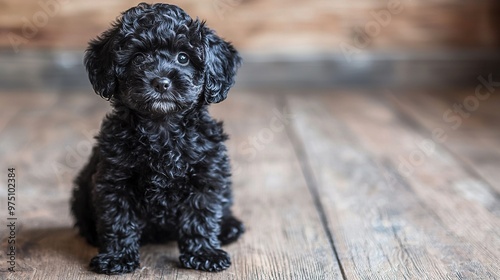  A black dog resting on a wooden floor in front of a wooden wall