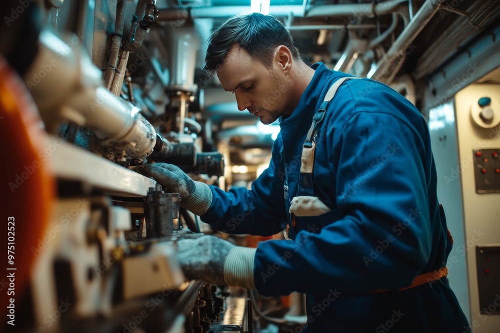 Marine engineer in blue overalls operating in ship s engine room while working at sea Marine engineer in blue overalls operating in ship s engine room while working at sea