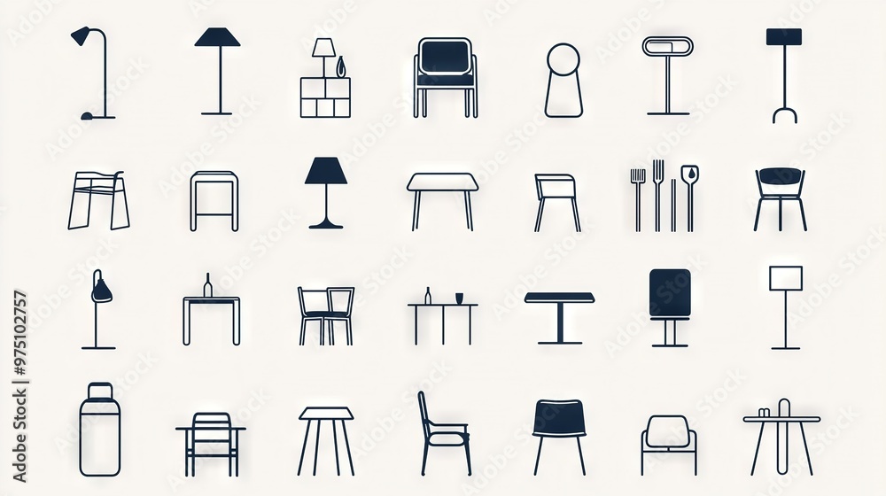   A collection of chairs, tables, lamps, lampshades, and lampshades is arranged in a grid on a white background