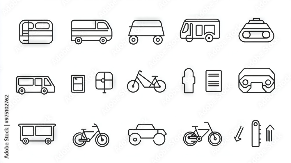 A black and white line drawing featuring various modes of transport and associated objects, such as a bus, bicycle, car, and multiple buses A black and white line drawing featuring various modes of transport and associated objects, such as a bus, bicycle, car, and multiple buses