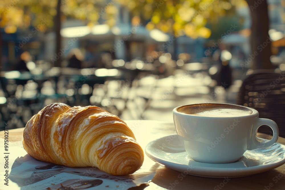 Delicious croissant and coffee placed on an outdoor caf table in a bustling city setting Delicious croissant and coffee placed on an outdoor caf table in a bustling city setting