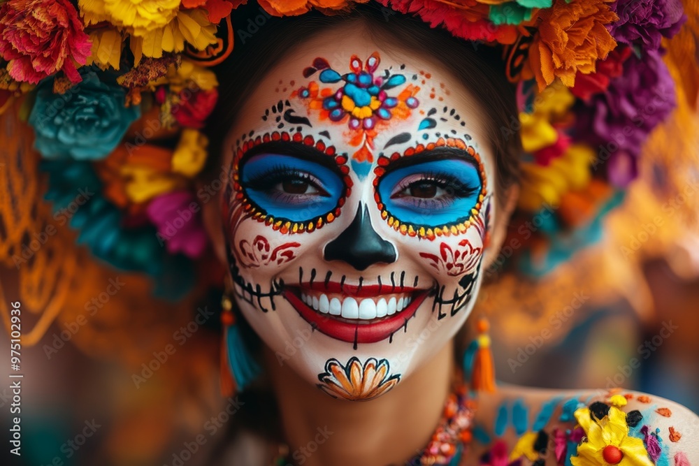 A joyful woman celebrating day of the dead with colorful face paint and festive accessories A joyful woman celebrating day of the dead with colorful face paint and festive accessories