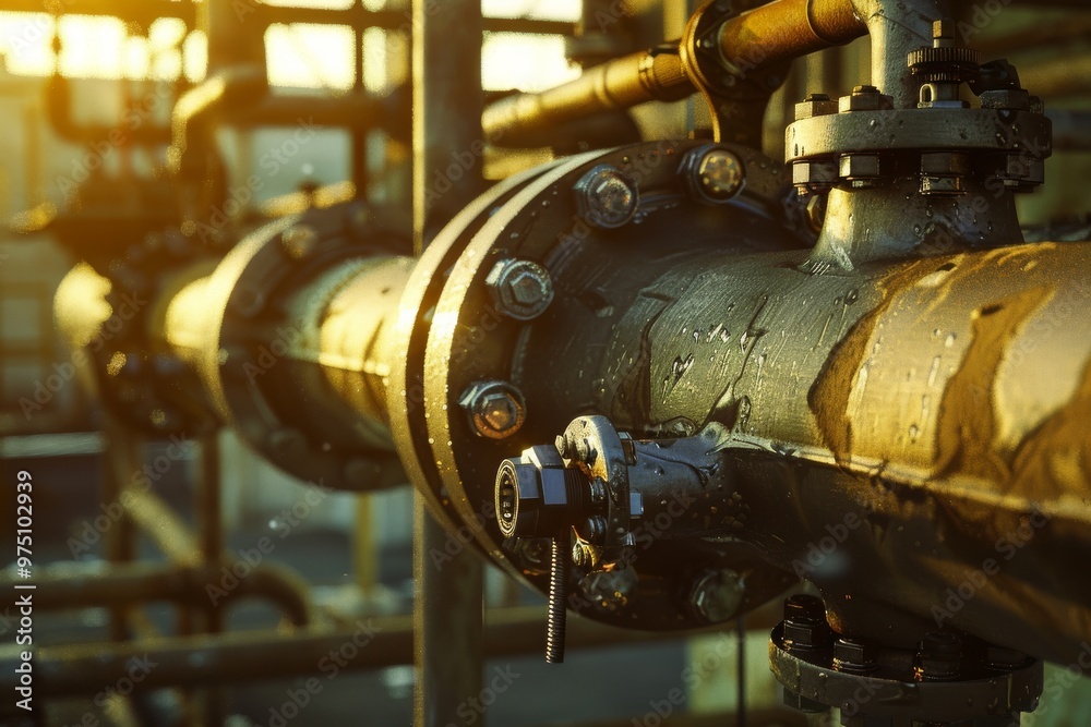 Sunlit industrial pipe system with aged, weathered textures creating a scene of rugged beauty. Sunlit industrial pipe system with aged, weathered textures creating a scene of rugged beauty.