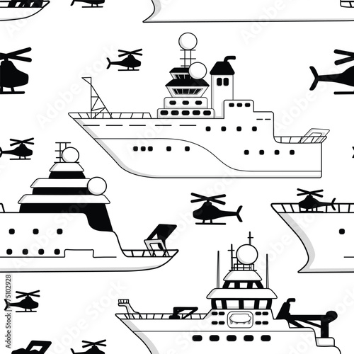 Black white vector hand drawn seamless pattern of research vessels. Each vessel poised for scientific discovery with specialized equipment on white background