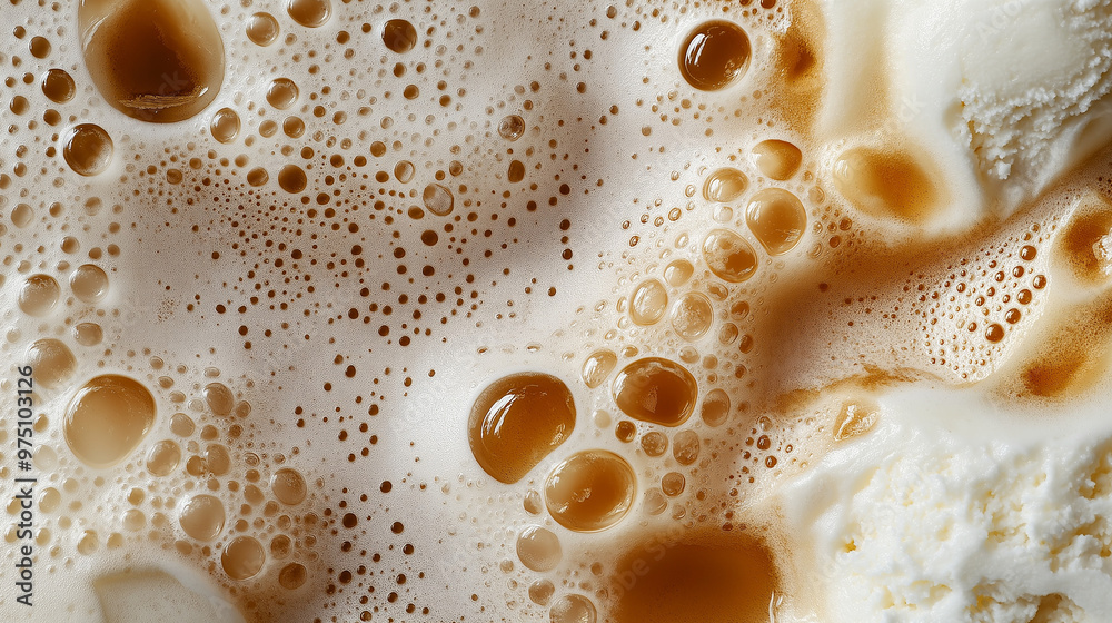a close-up, top-down view of root beer float foam, filling the entire frame with the focus on the creamy, frothy mixture of root beer and vanilla ice cream