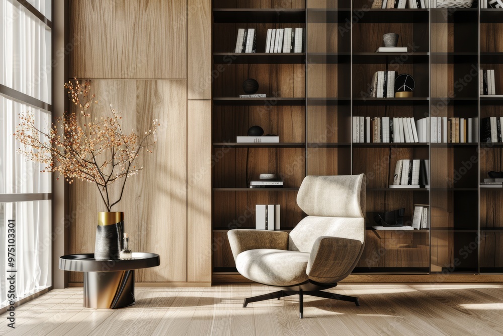 Fototapeta premium Modern living room with a stylish armchair, large bookshelf with a mix of books and decor, and sunlight streaming through large windows.