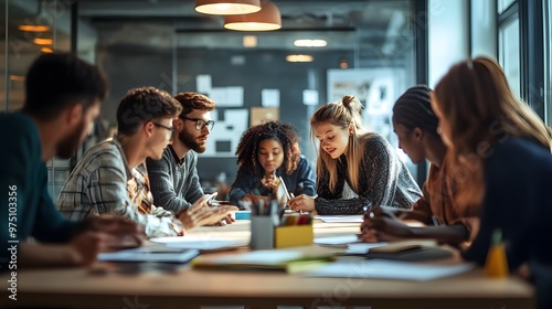 A group of young people are working together at a table in an office.